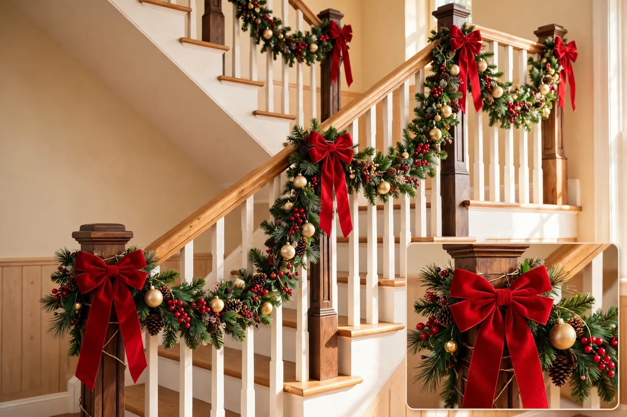 Staircase garland decorated with large red bows, gold ornaments, pinecones, and red berries