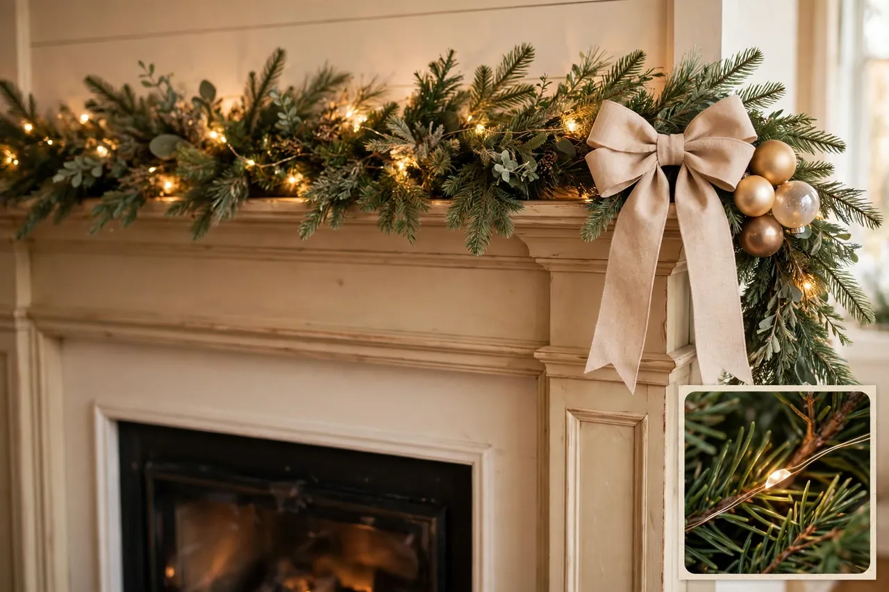 Mantel garland with warm lights woven inside the branches and a single large bow with a small ornament cluster at one corner, with a magnified inset of a light inside the greenery