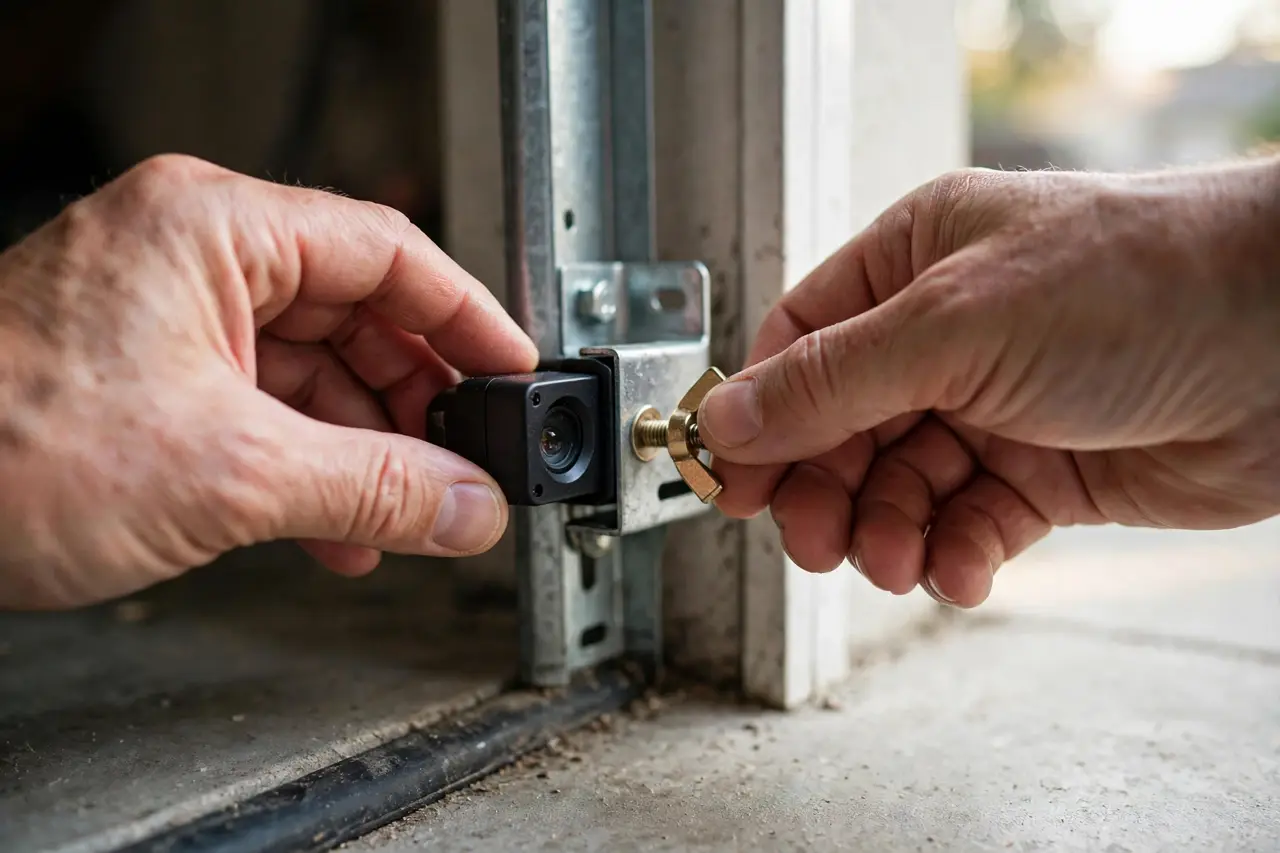 Hands pivoting a garage door sensor in its bracket while loosening the wing nut