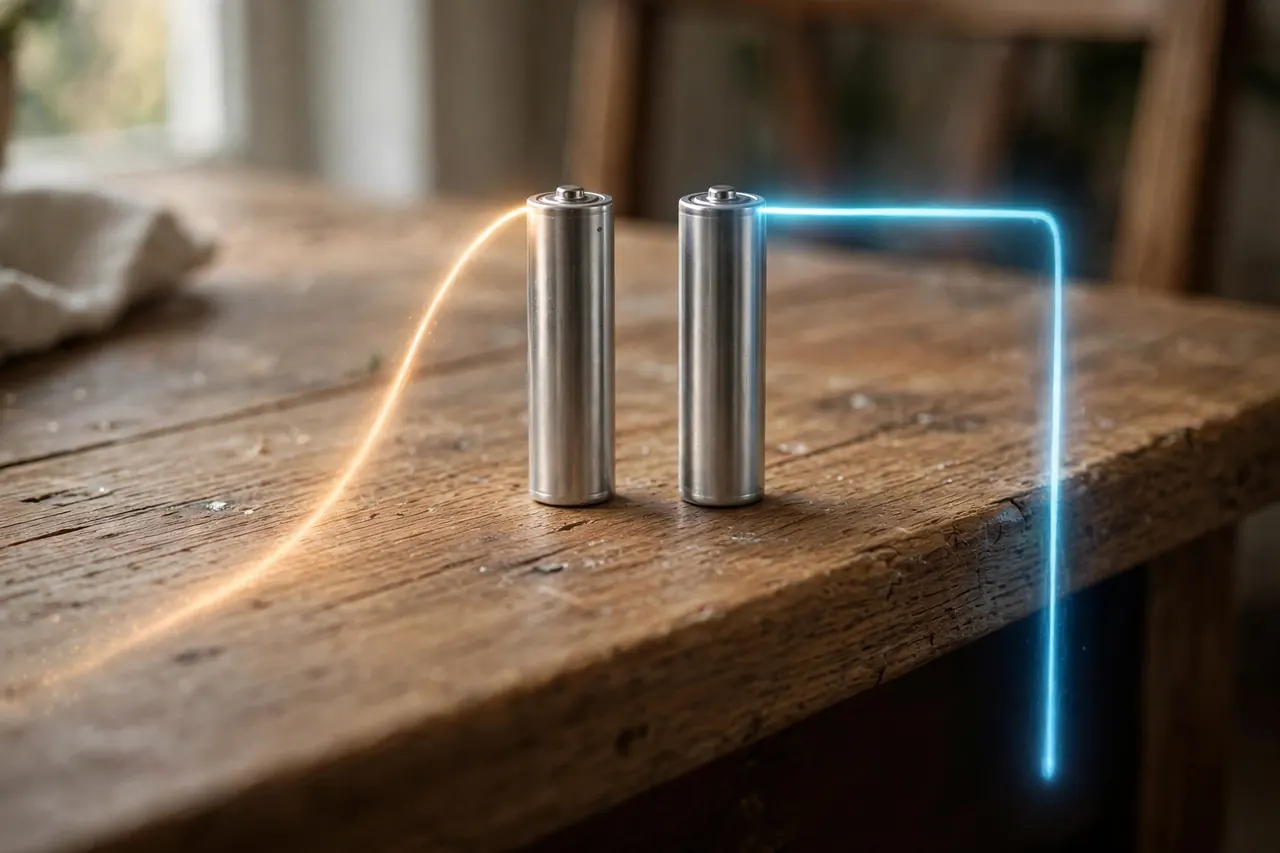 Two AA batteries with glow trails showing how they lose power: alkaline fading in a gentle slope, lithium holding flat then dropping off a cliff