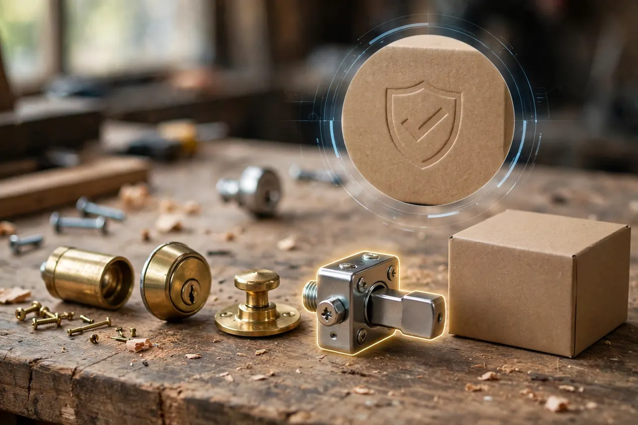 Deadbolt parts and packaging on a workbench with a magnified view of the certification shield to check before buying