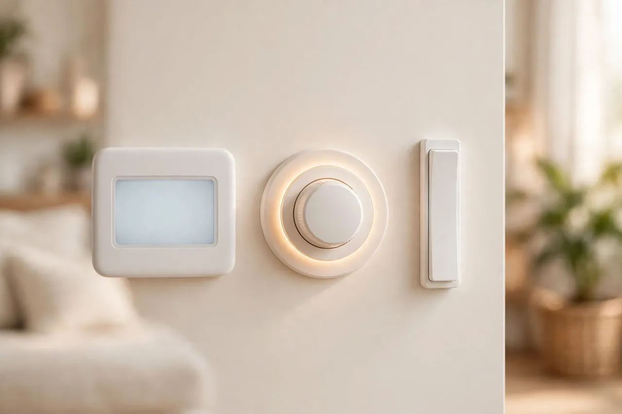Three different timer switches side by side on a wall, the middle dial glowing softly