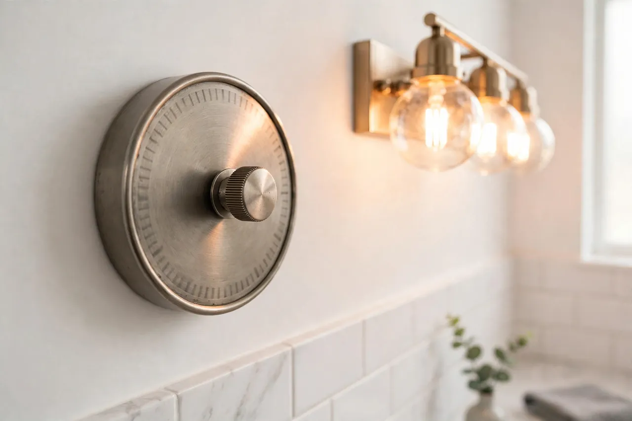 Round mechanical countdown timer dial on a bathroom wall beside warm vanity lights