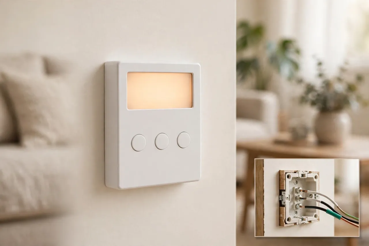 In-wall programmable timer switch with a softly glowing blank display and an inset showing its wiring connections