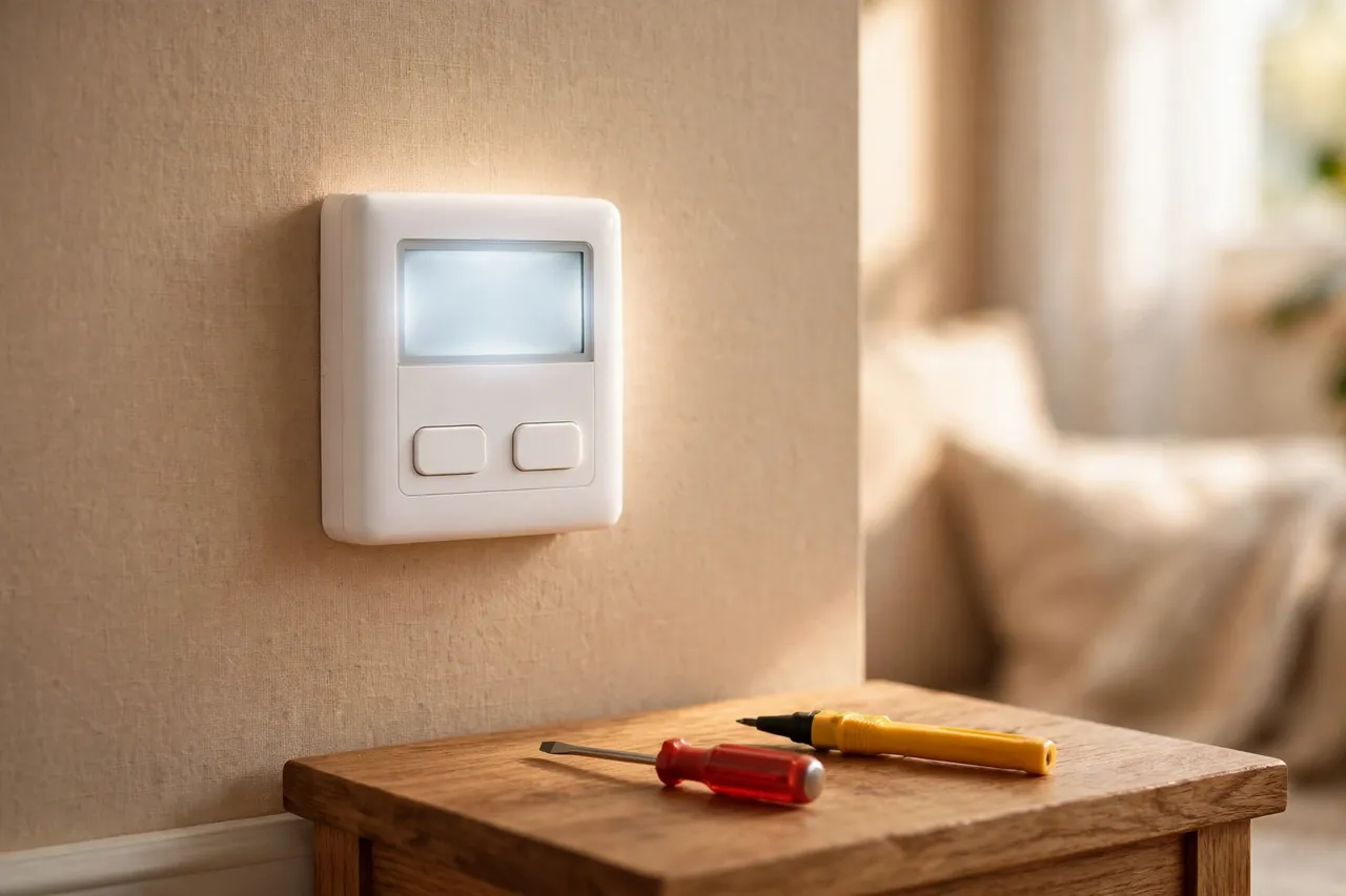 Newly installed timer switch with a blank glowing display, screwdriver and voltage tester on a wooden table beside it