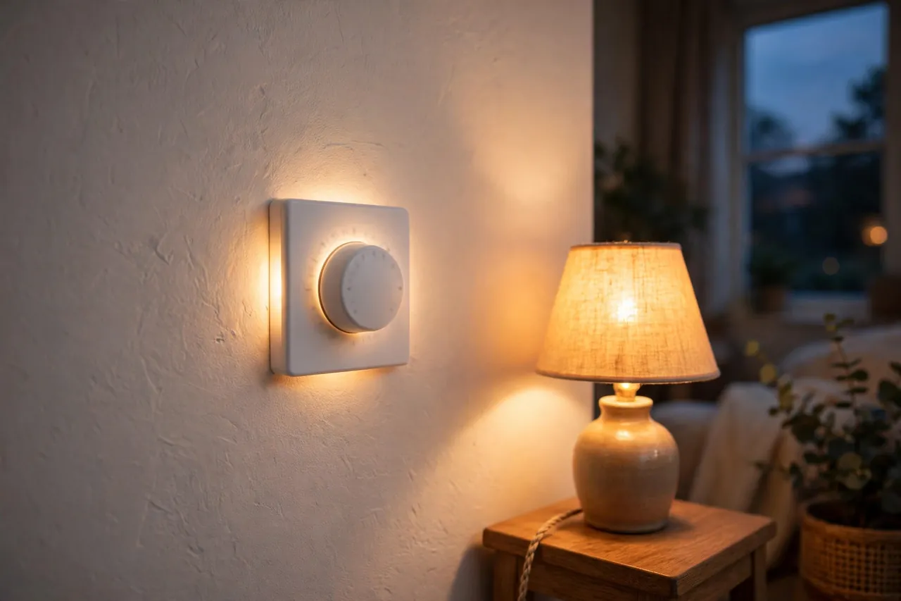 Wall timer switch glowing softly beside a lit table lamp in a living room at dusk