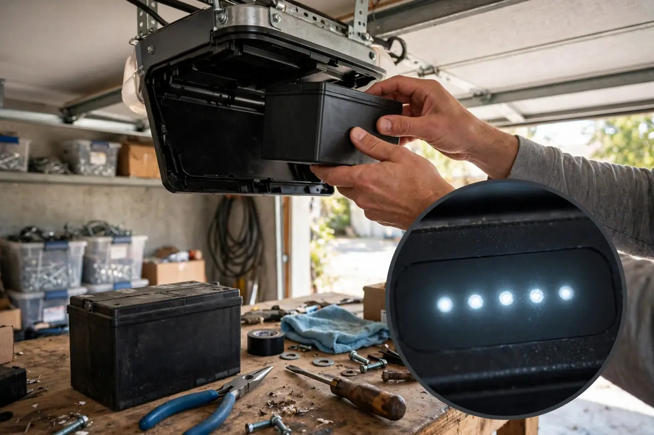 Hands sliding a fresh battery pack into an opener's compartment with the old pack beside it on a workbench