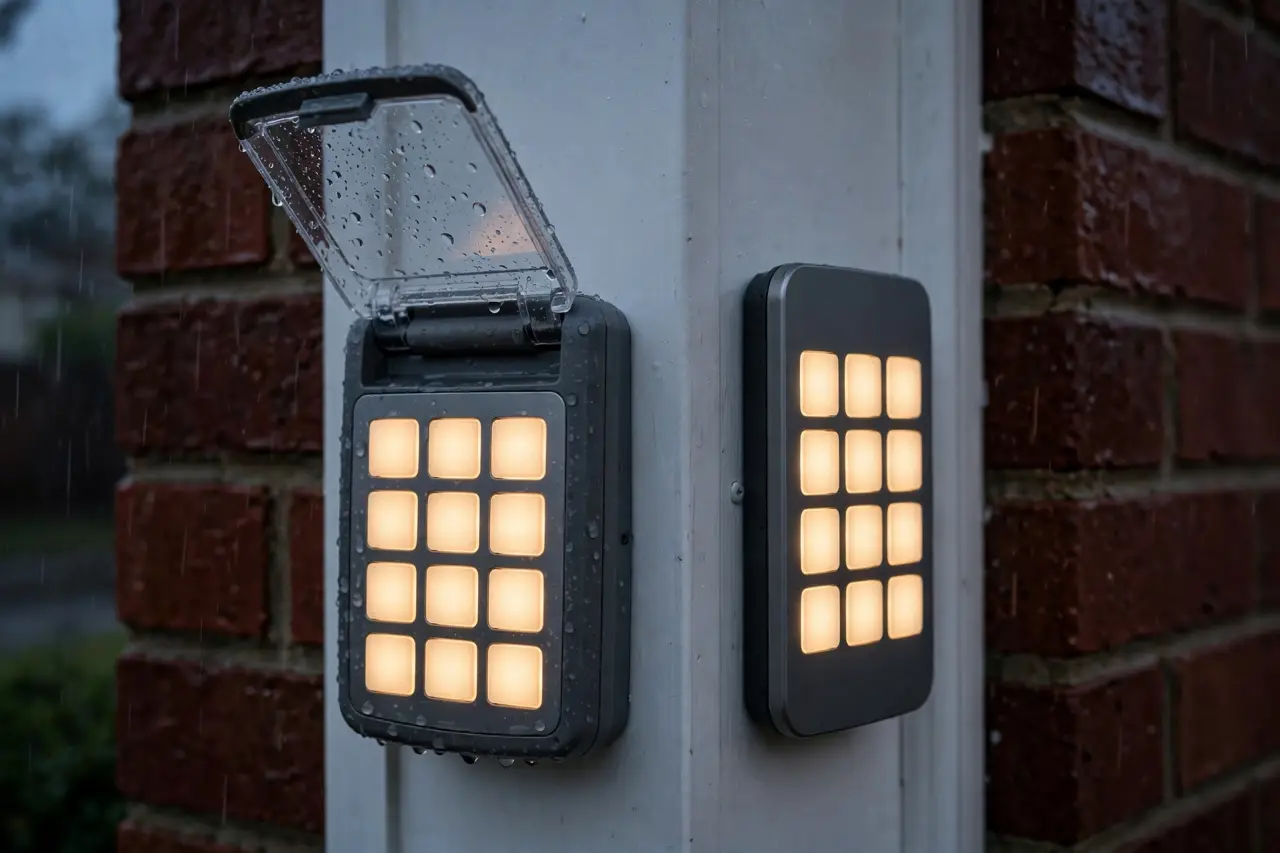 Two universal wireless keypads mounted side by side on an exterior door frame, one with its weather cover raised, both backlit