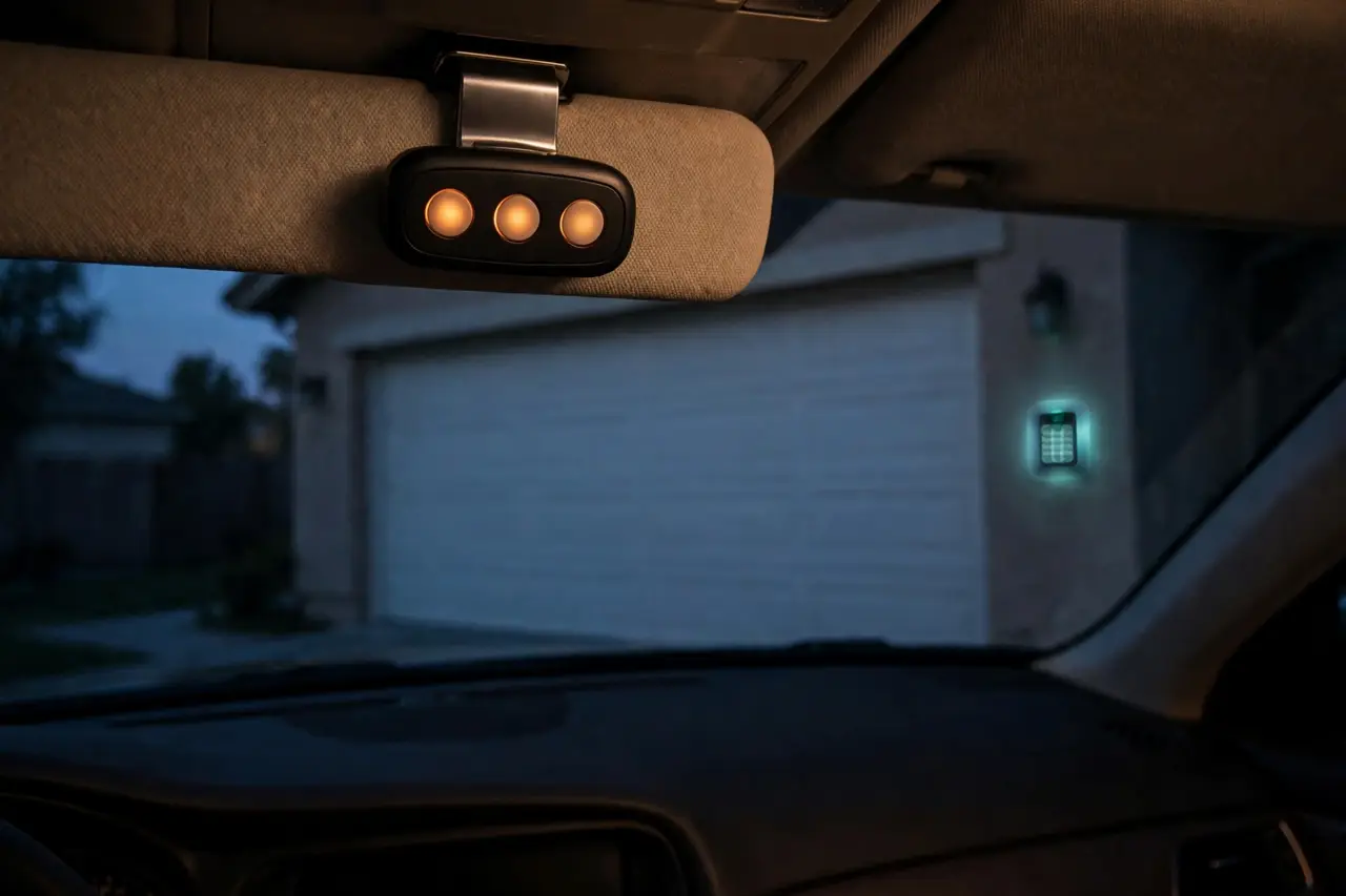 A visor remote glowing softly inside a car at dusk with a lit wall keypad visible by the garage door through the windshield