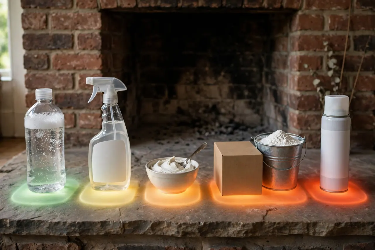 Five brick fireplace cleaners in a row on a hearth on pads glowing from green to red, from the gentlest cleaner to the strongest