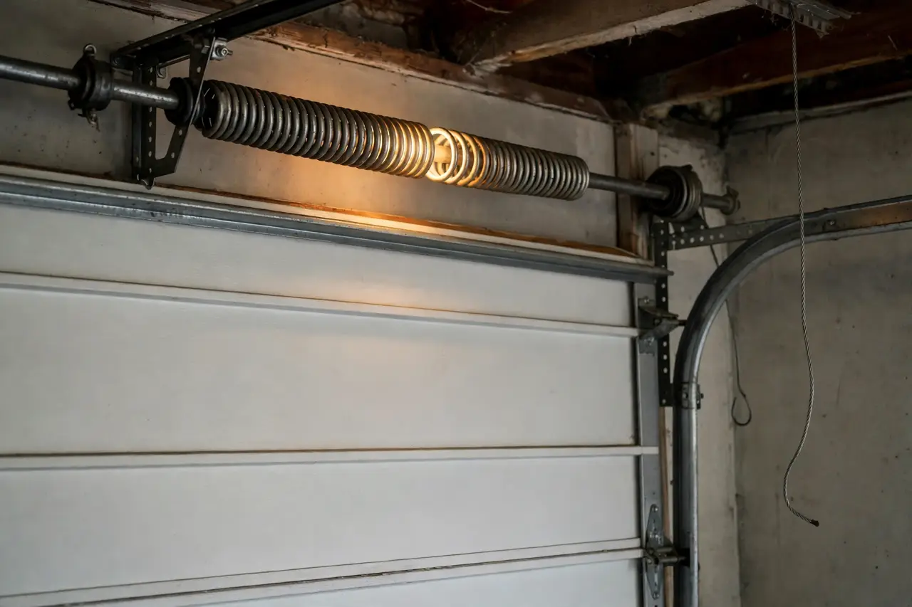 A garage door torsion spring with a visible gap in its coil and a slack lift cable beside the door