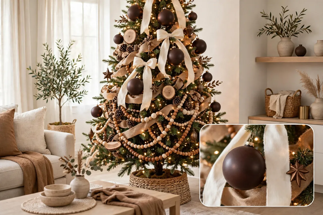 Brown Christmas tree blending chocolate baubles with cream ribbon, rustic pinecones and wood slices, and caramel wood bead garlands in a bright living room