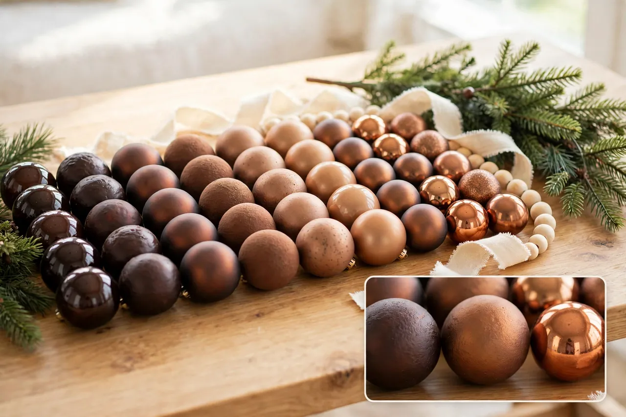 Brown Christmas ornaments arranged from dark espresso and chocolate through mocha and caramel to shiny copper and bronze, with cream ribbon and wood beads