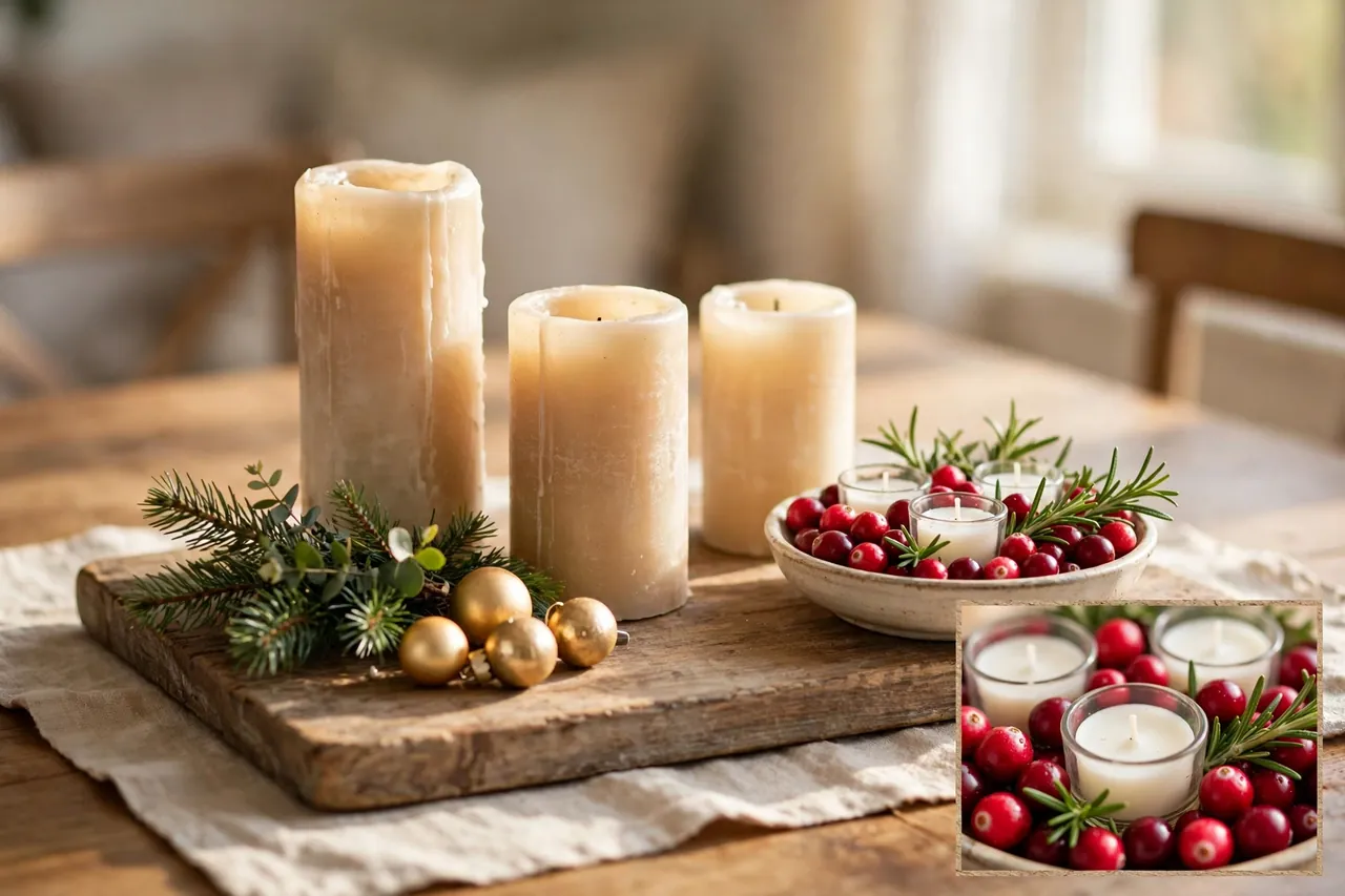 Budget Christmas centerpiece with three candles at different heights, gold ornaments and greenery on a wooden tray beside a bowl of cranberries with white votives and rosemary, with a close-up inset of votives among cranberries