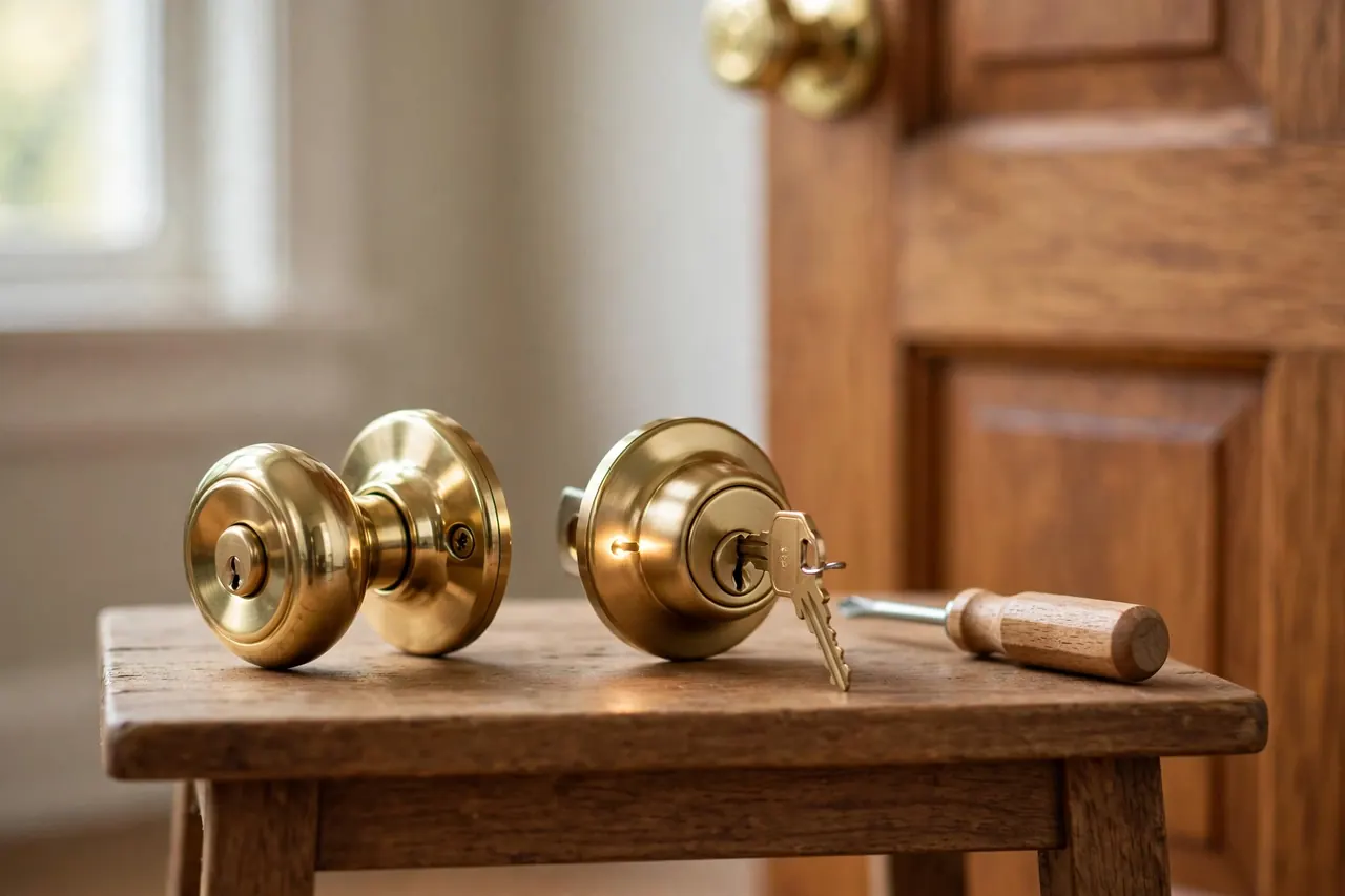 A brass entry knob and deadbolt combo with its key in the lock: the budget pick with a self re-key feature