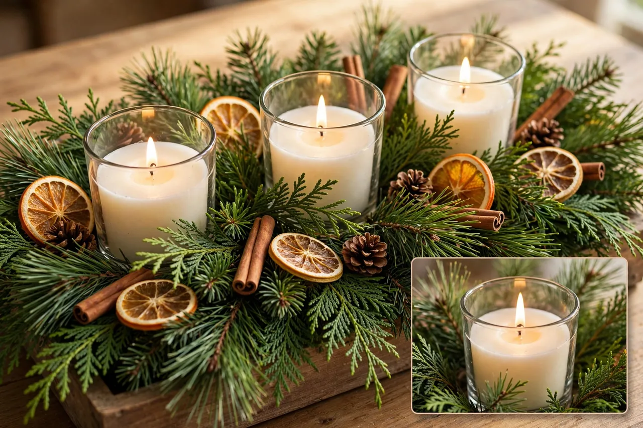 Candle and greenery Christmas centerpiece with three candles in sturdy glass holders among fresh pine and cedar, cinnamon sticks and dried orange slices, with a close-up inset of a candle in its holder