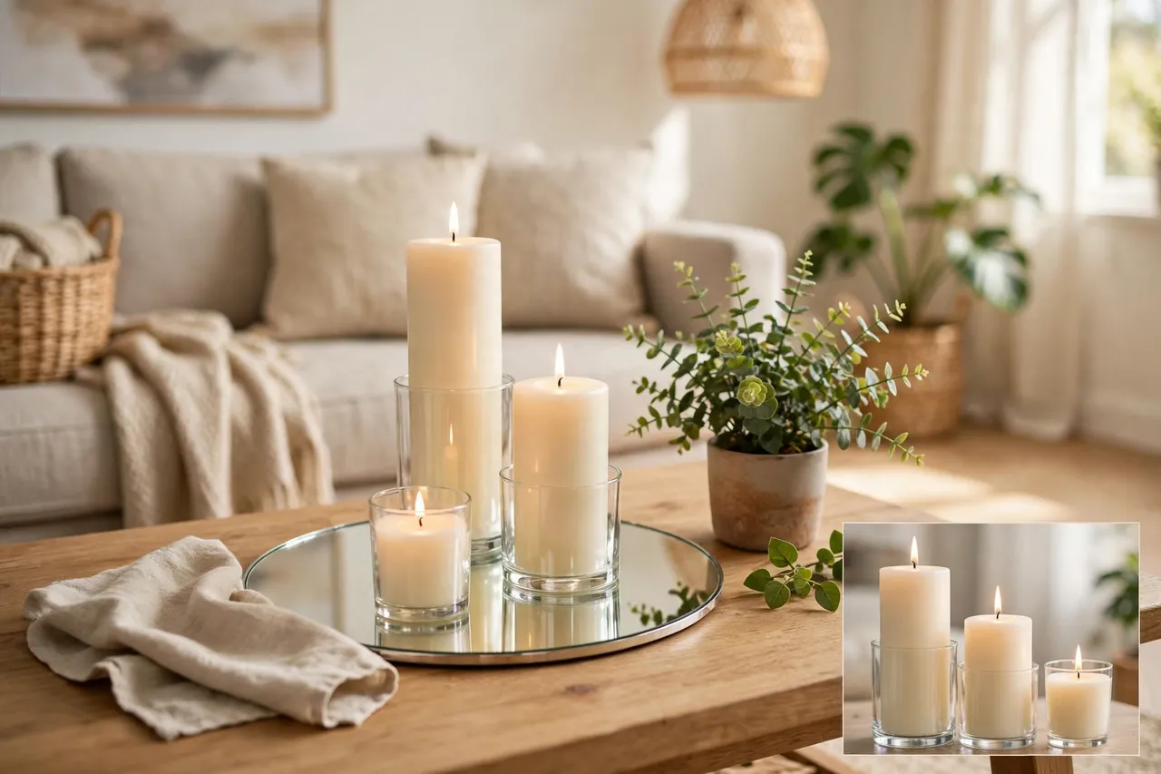 Three ivory candles at stepped heights on a mirrored tray beside a small plant, with a close-up inset showing the height steps