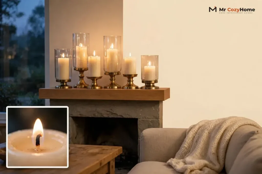 Ivory pillar candles in glass hurricane holders with brass bases on a wooden fireplace mantel beside a sofa, with a close-up inset of a steady candle flame and a clean cream wall in the top-right corner