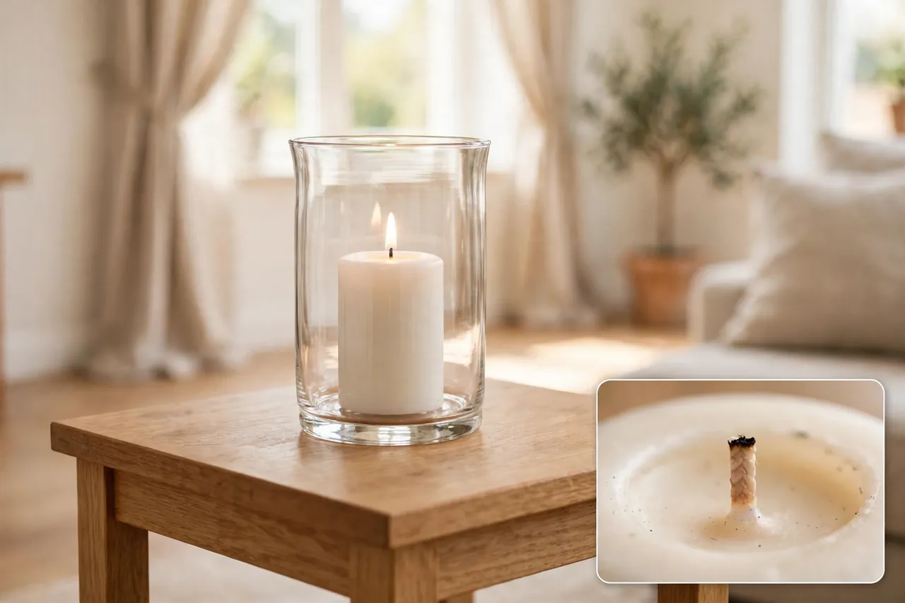 Single ivory pillar candle in a sturdy glass hurricane holder on a clear wooden table well away from curtains, with a close-up inset of its trimmed wick