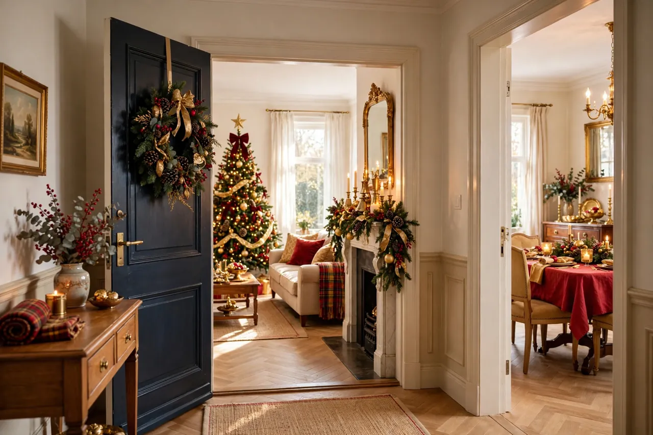 View from a decorated entryway through open doorways into a living room and dining room sharing one red and gold Christmas theme