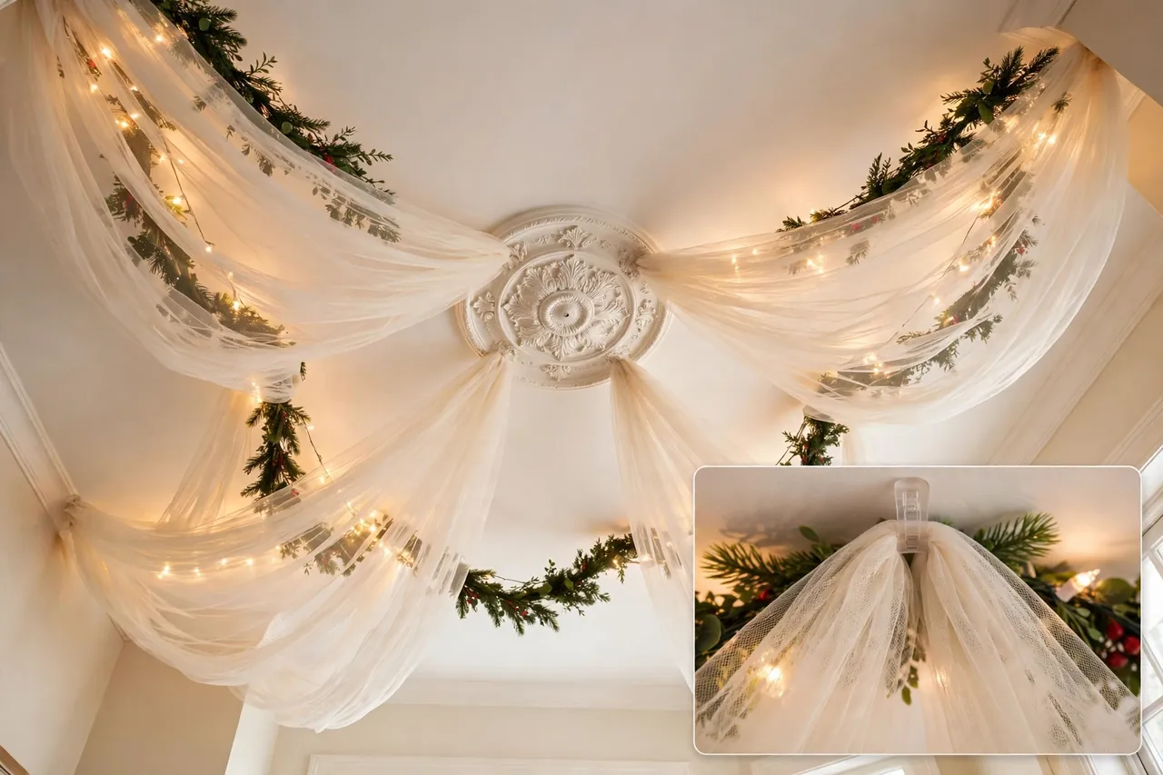 Ivory tulle draped in soft swags from a ceiling medallion with green garland and warm LED lights glowing through the fabric
