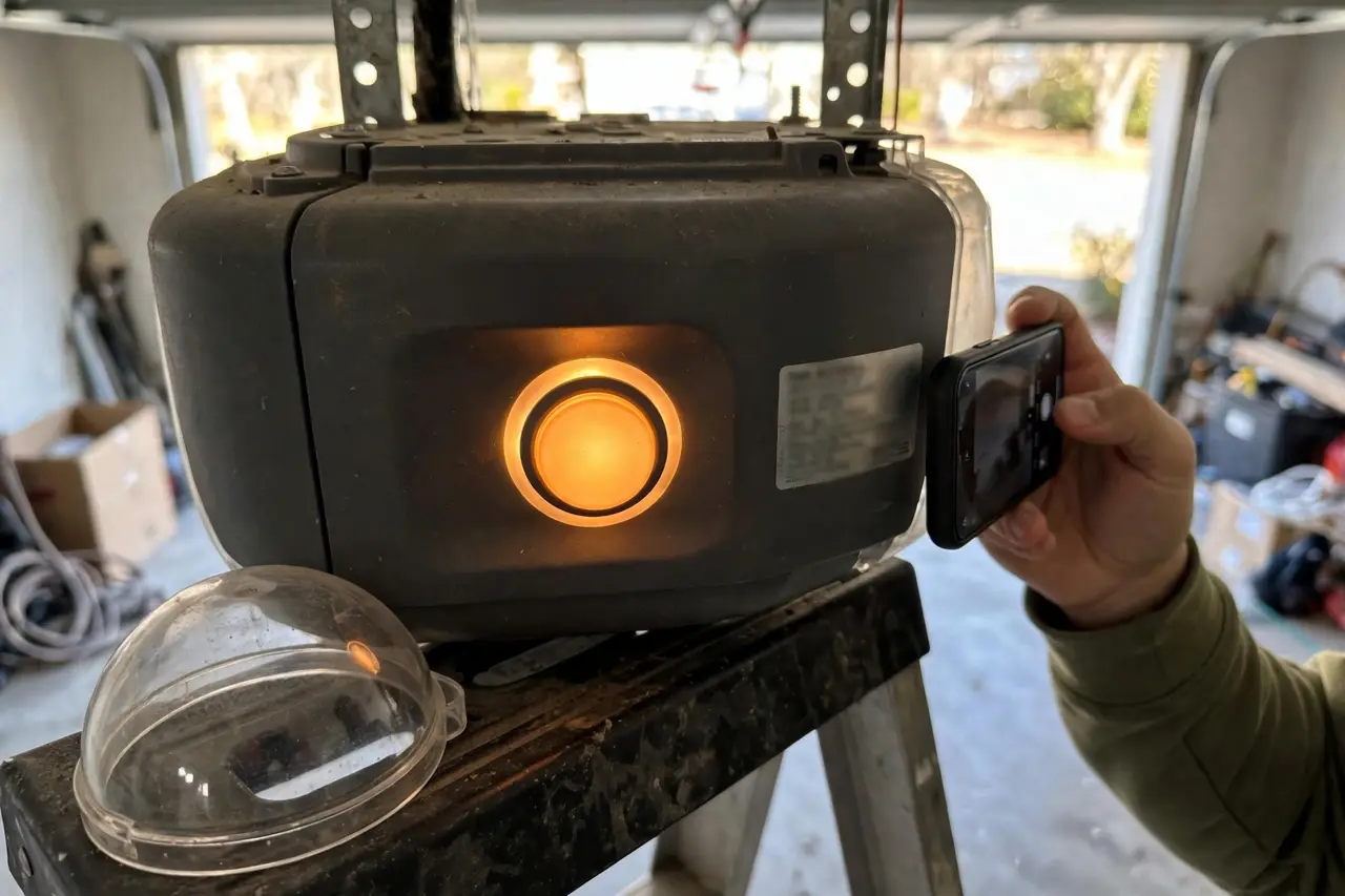 A garage door opener's back panel from a ladder with its colored Learn button ringed in a soft glow while a phone photographs the model plate