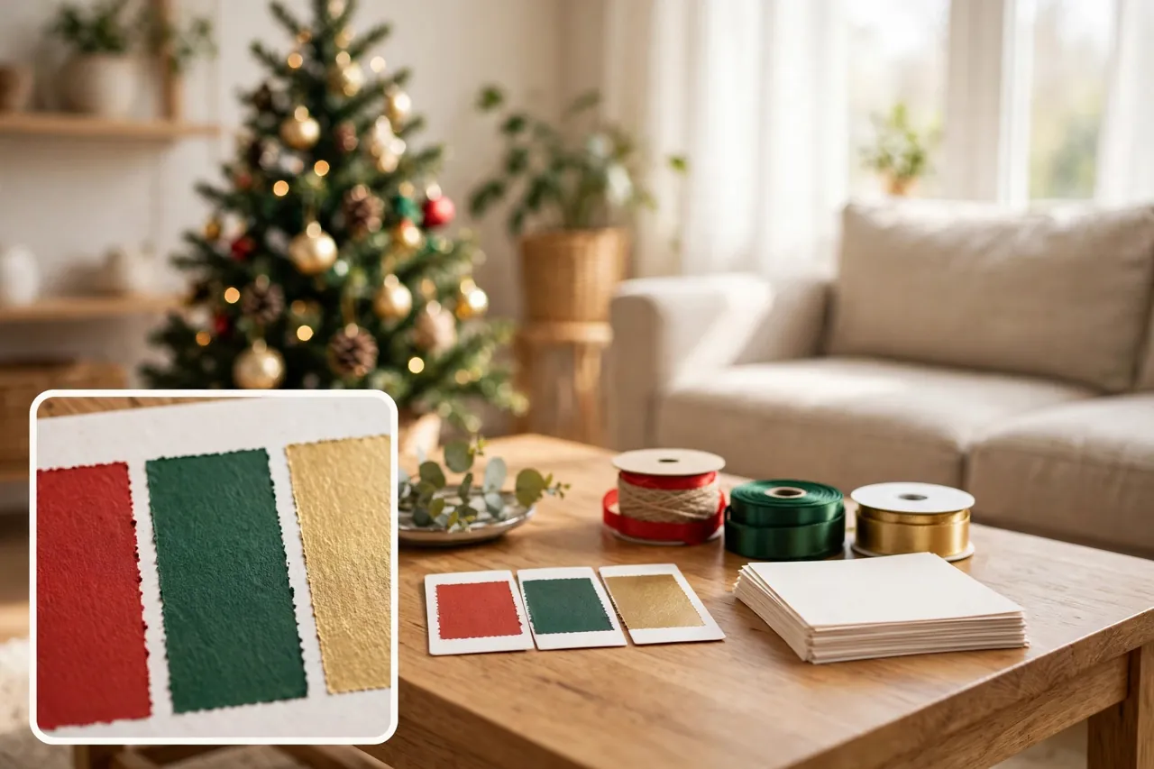Coffee table with red, green, and gold paint swatch cards and ribbon spools for choosing a Christmas theme, with a sofa and small tree behind