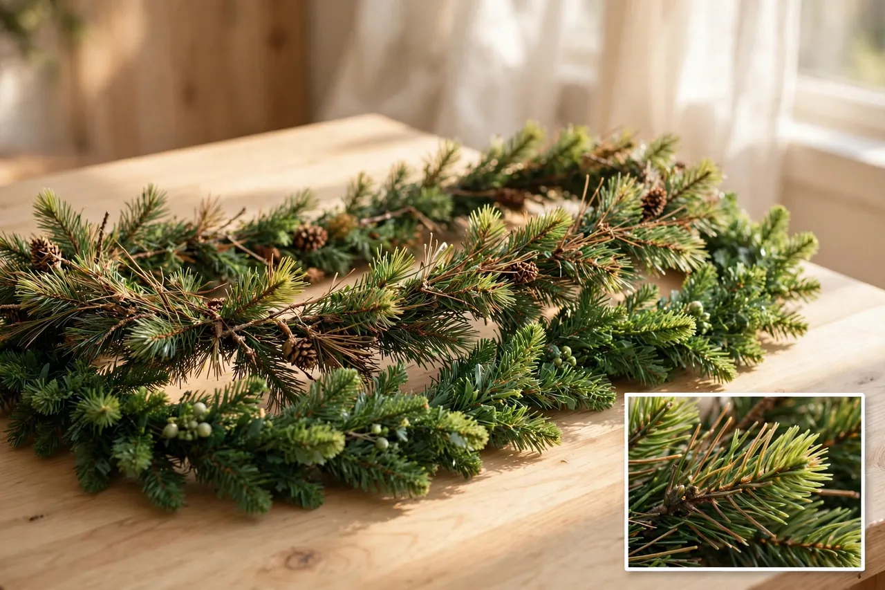 Two evergreen garland strands laid side by side on a wooden table, one fresh pine and one full faux garland, with a magnified inset of natural branch tips