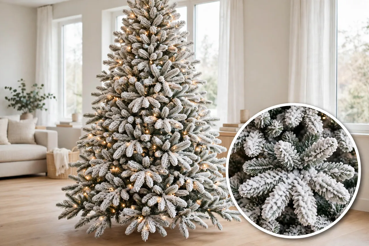 A full, evenly flocked Christmas tree with dense branches standing in a bright spacious living room with generous floor space around it, with a close-up inset of even flocking coverage