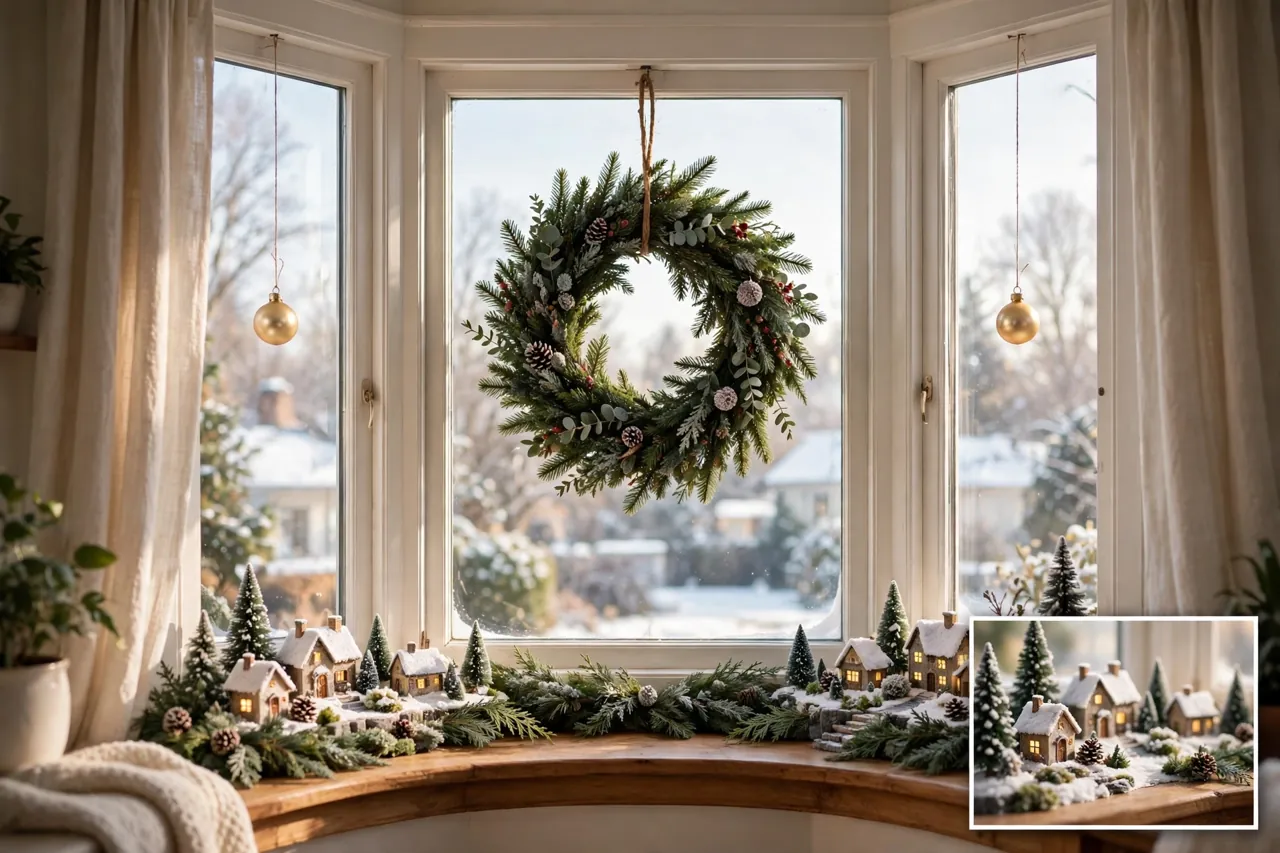Christmas bay window with a wreath as the center focal point, single ornaments on the side panes, and a tiny village scene on the curved sill, with a close-up inset of the village