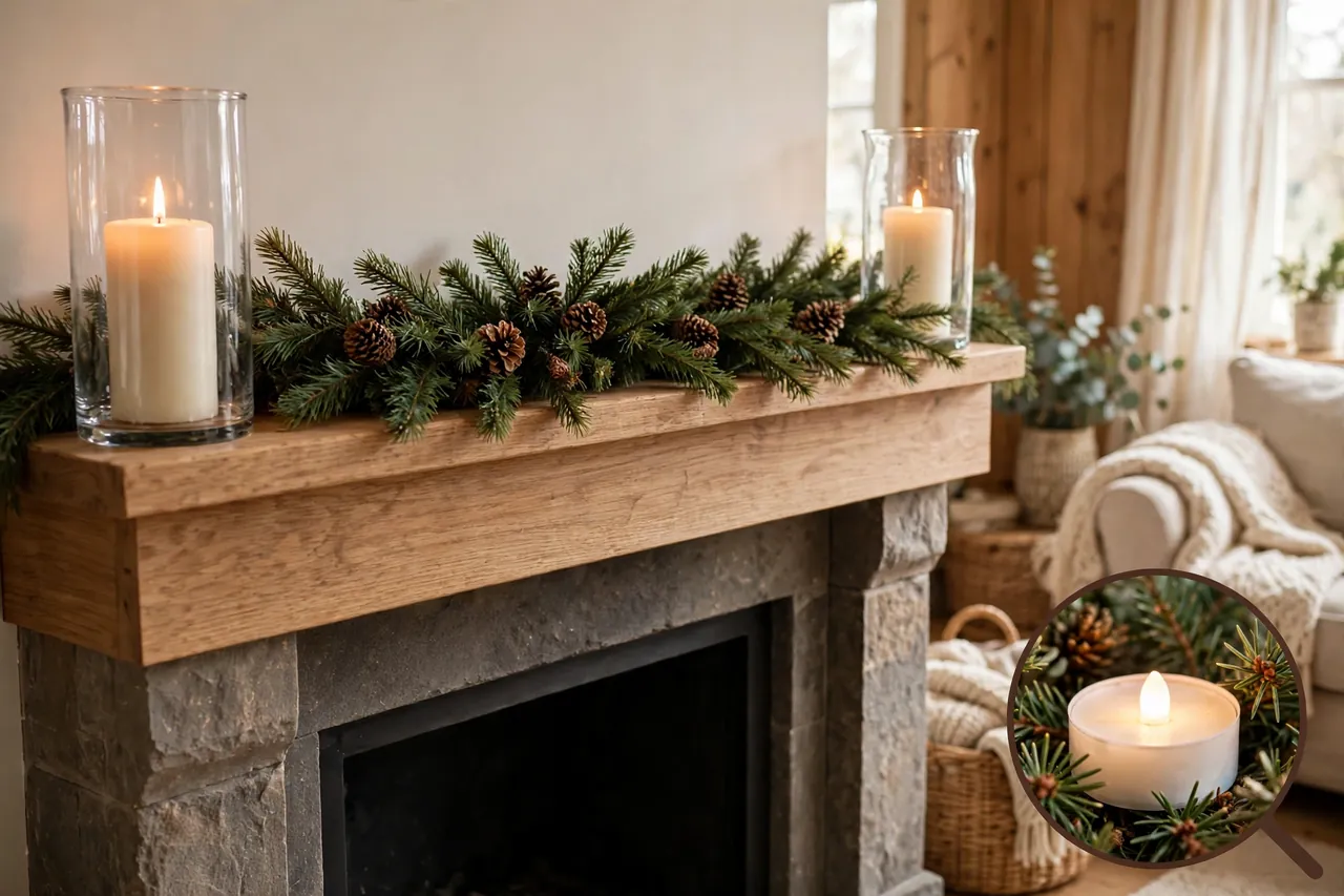 Christmas mantel with a flame-free evergreen garland and real pillar candles in glass hurricanes at each end, plus a close-up inset of a warm-white LED tealight in greenery