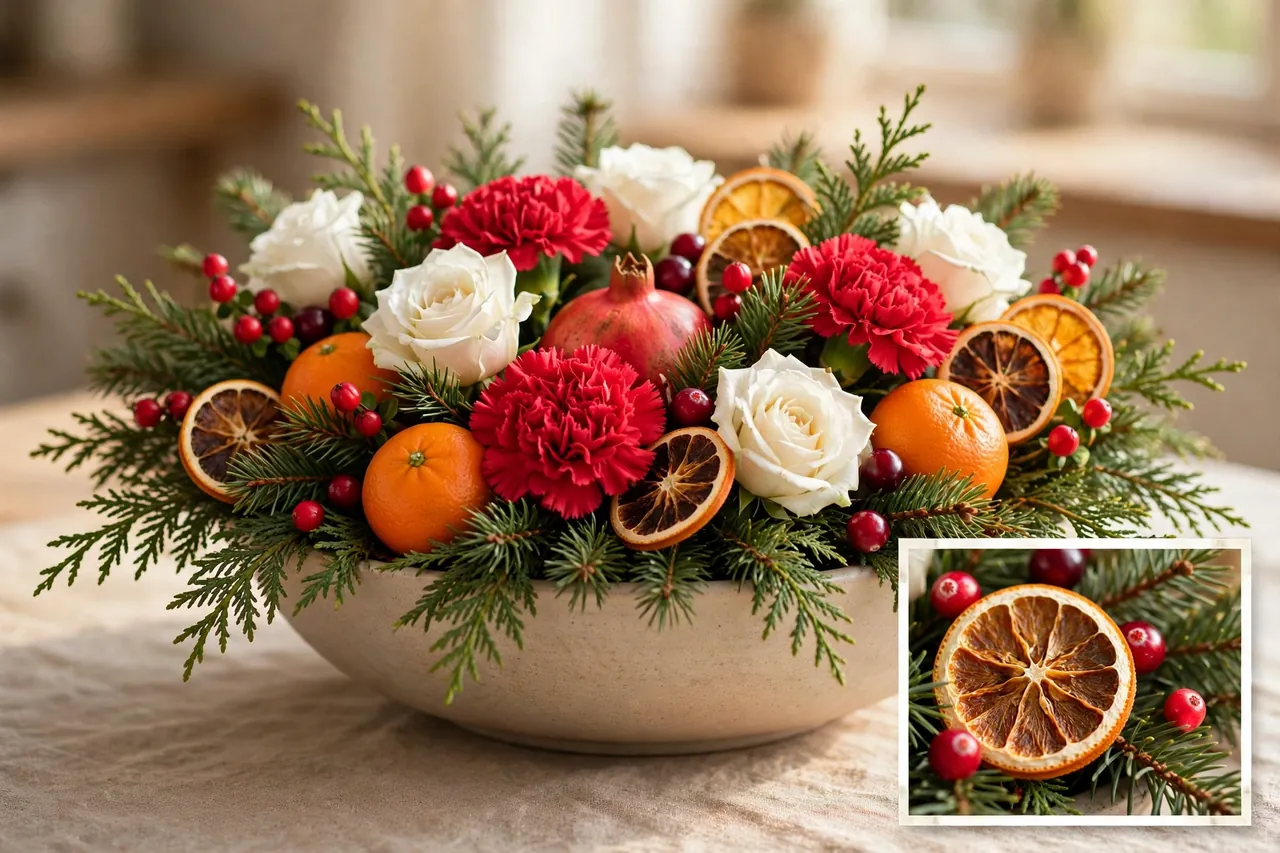 Low wide bowl Christmas centerpiece with white roses, red carnations, pomegranate, clementines, cranberries and dried orange slices among pine and cedar, with a close-up inset of a dried orange slice