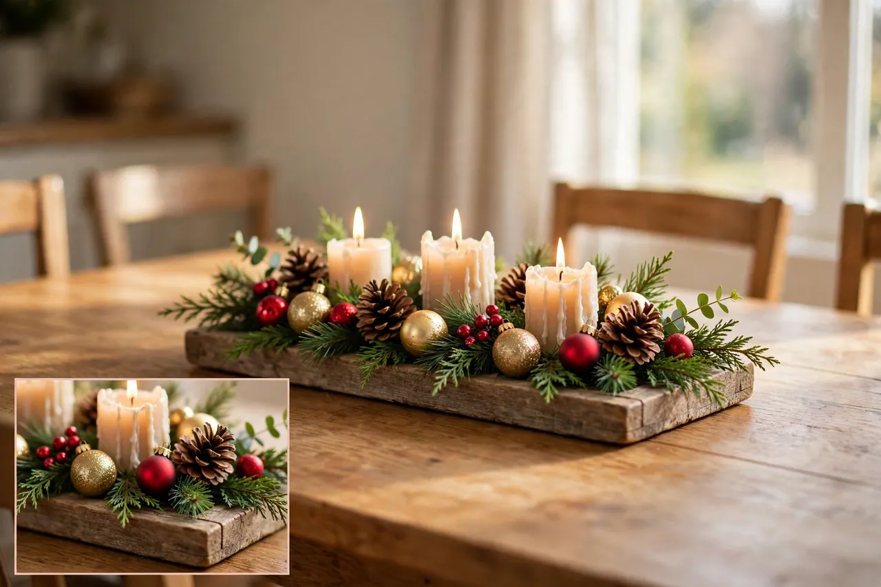 Low wooden tray Christmas centerpiece with three candles, pinecones and red and gold ornaments in greenery, with a close-up inset of the tray grouping