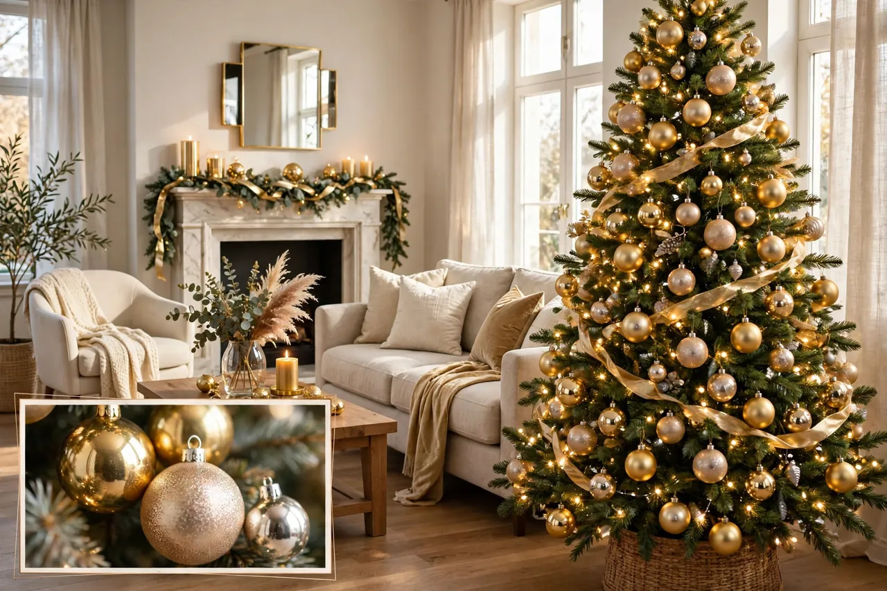 Christmas tree decorated in gold and champagne metallics with warm white lights and a close-up inset of gold and silver baubles