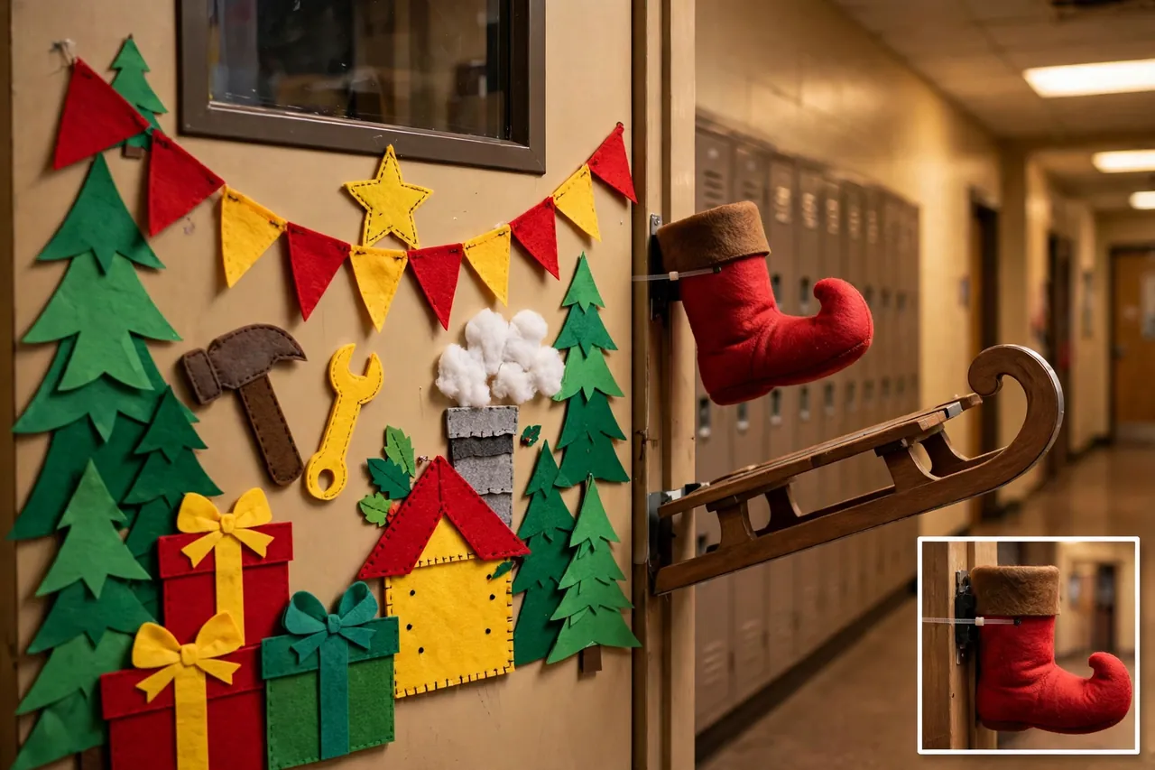 Felt elf workshop scene on a classroom door with a red elf boot and wooden sleigh runner breaking out past the door frame, with a magnified inset of the anchored boot