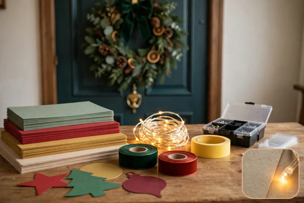 Christmas door decorating materials on a table in front of a wreath-hung door: matte paper stacks, velvet ribbon, glowing battery fairy lights, tape and a small repair kit, with a magnified inset of paper texture and a light