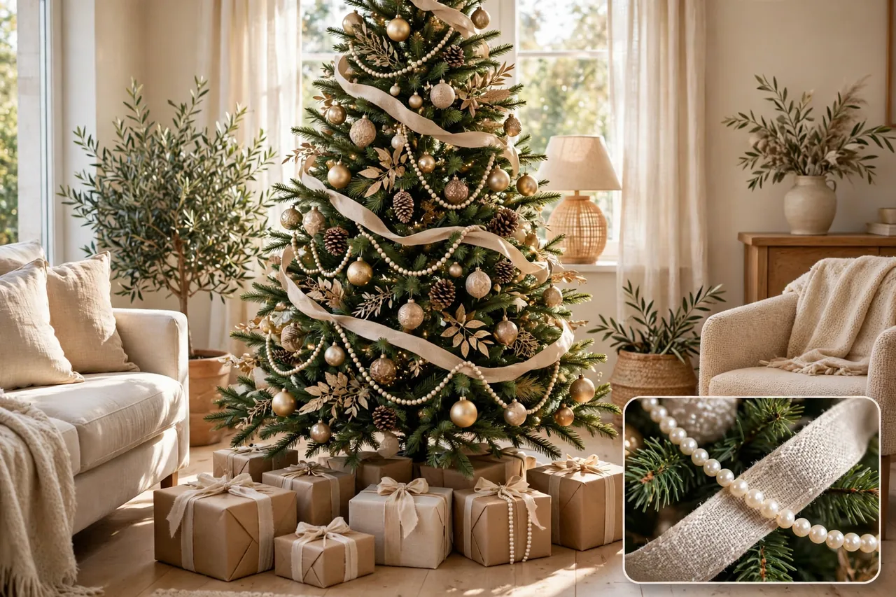 Christmas tree decorated with pearl bead garland and wide ribbon loops among gold ornaments, with a close-up inset of pearl beads and ribbon on branches
