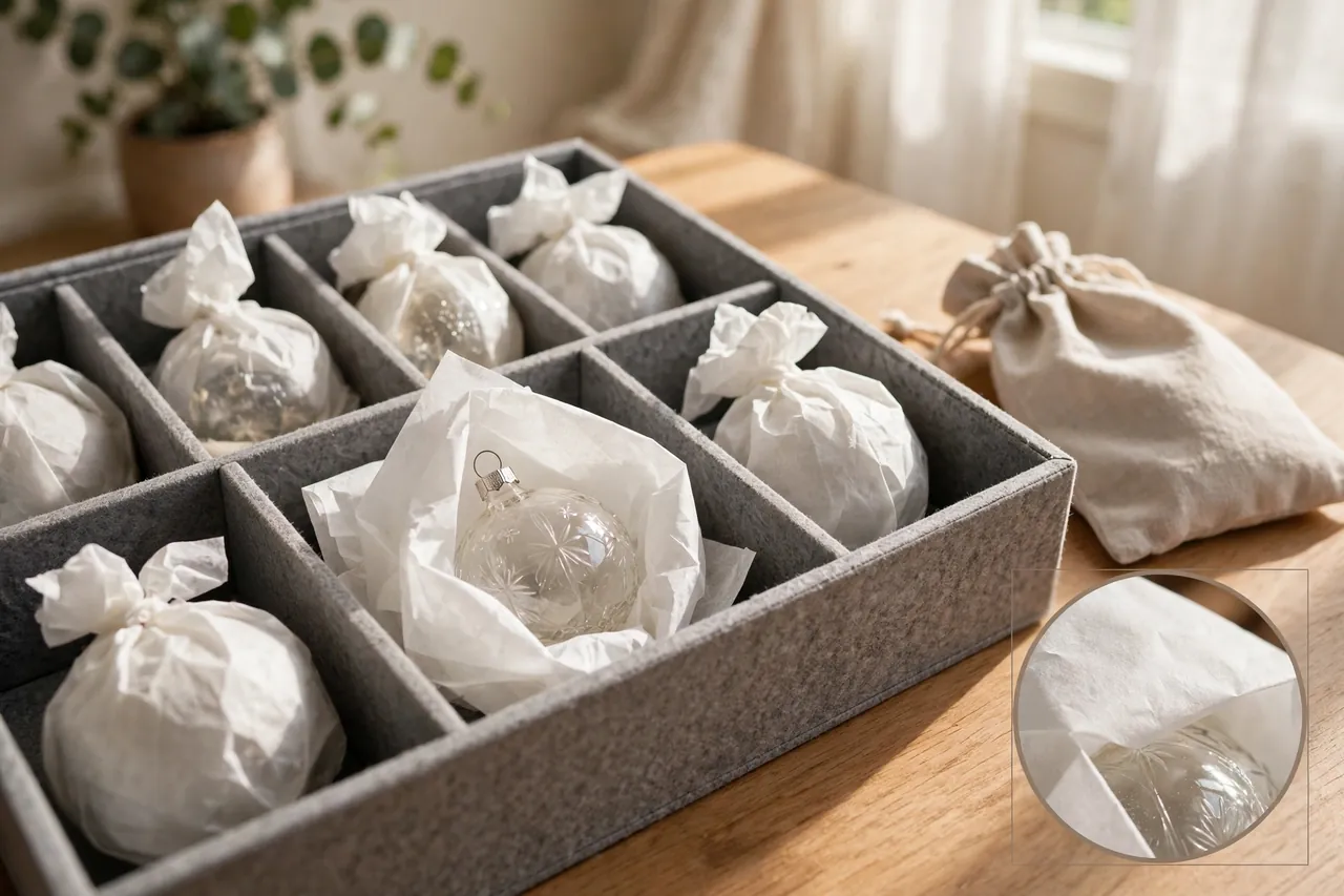 Glass heirloom ornaments each wrapped in white tissue paper in separate padded compartments, with a cloth pouch beside the box