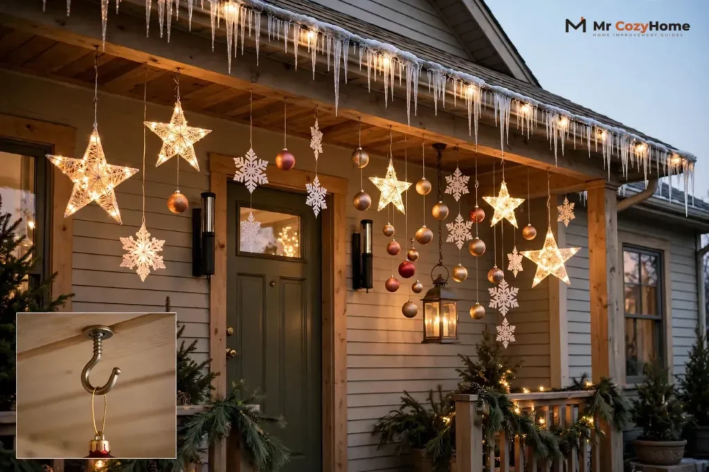 Christmas porch with lighted stars, ornaments, snowflakes, a lantern and icicle lights hanging at staggered heights around the front door, with a close-up inset of a ceiling hook holding an ornament