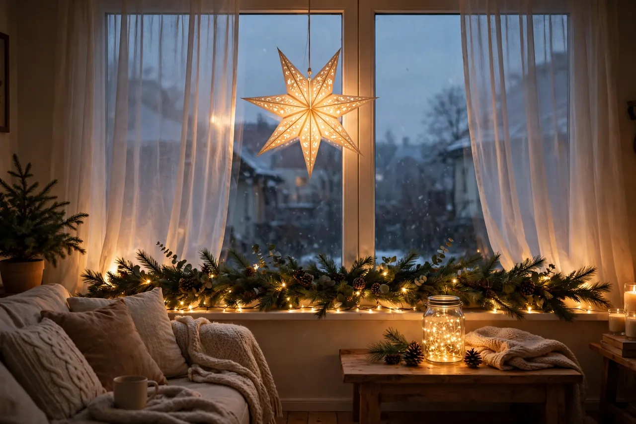 Living room window at dusk with warm fairy lights woven through pine garland on the sill, a glowing paper star lantern, sheer curtains, and a jar lantern on a side table