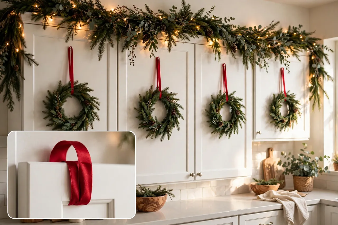 White kitchen cabinets with small evergreen wreaths hung from red ribbons and a garland with warm lights along the cabinet tops, with a close-up inset of a ribbon looped over a cabinet door top