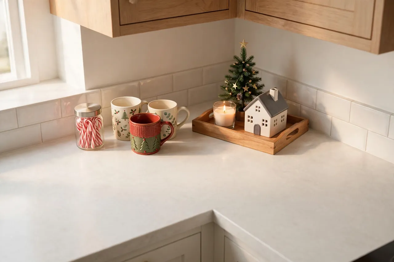 Kitchen counter corner kept clear except for a wooden tray holding a mini Christmas tree, a ceramic house and a lit candle, beside festive mugs and a jar of candy canes