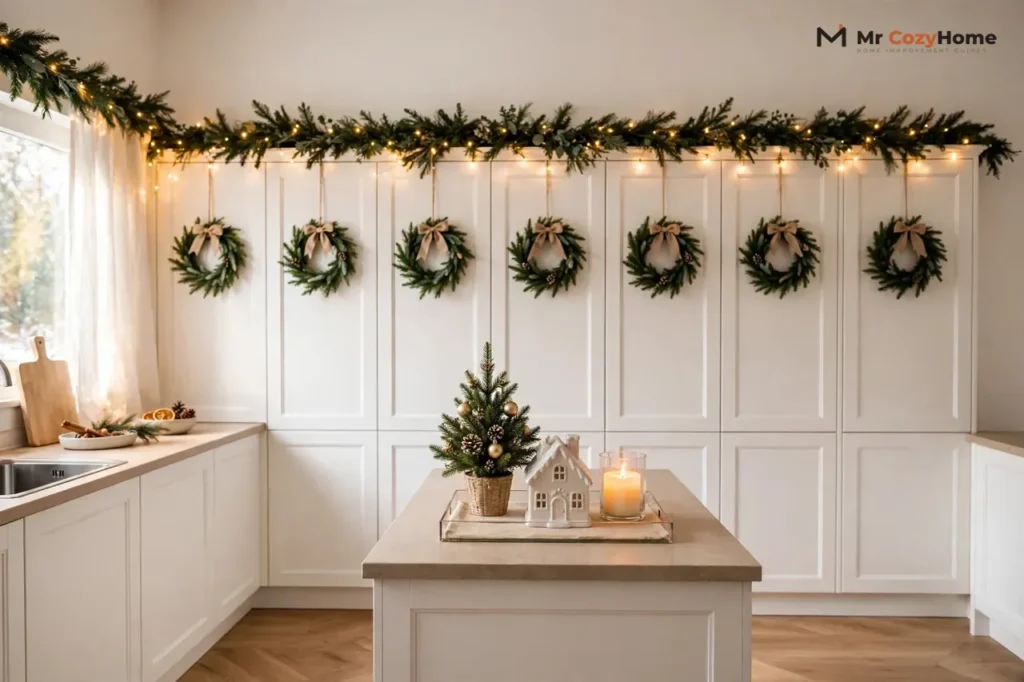 Warm white Christmas kitchen with wreaths on cabinet doors, garland with fairy lights above the cabinets, and an island tray with a mini tree, ceramic house and lit candle