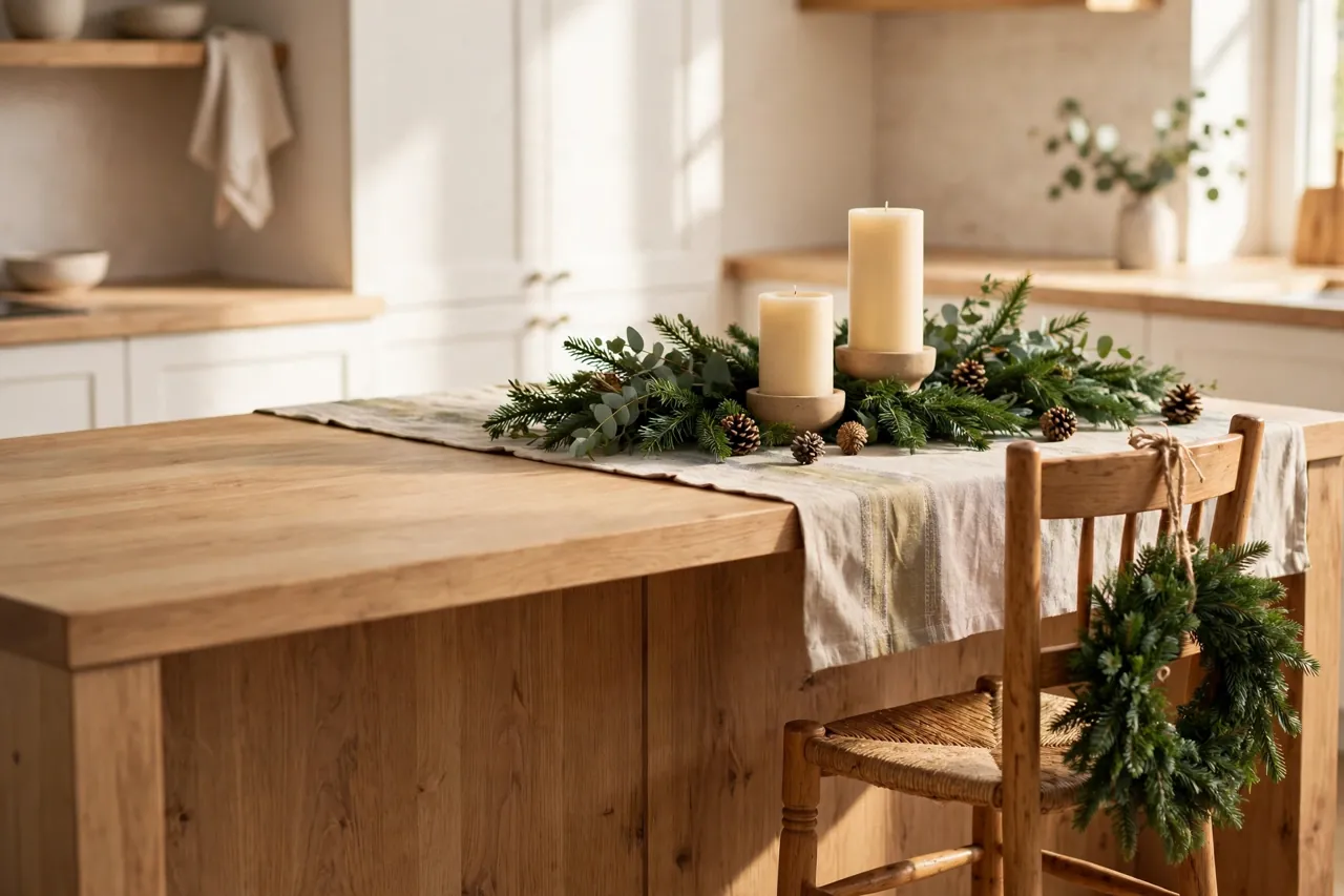 Kitchen island with a low centerpiece of garland, two candles at different heights and pinecones on a runner, one end left empty, and a small wreath tied to a stool back