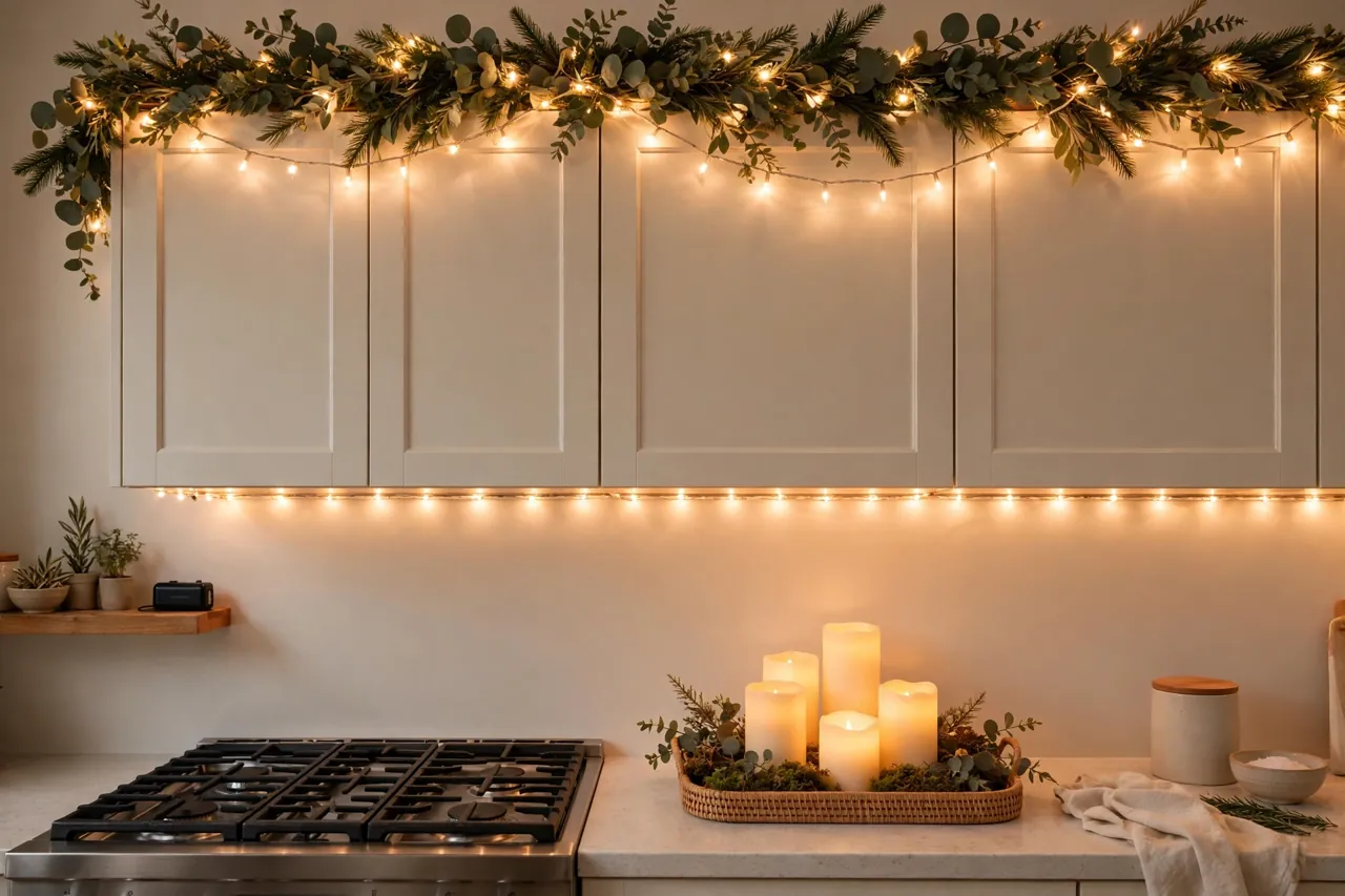 Kitchen glowing with warm white LED lights woven through garland above the cabinets and under the upper cabinets, flameless candles on a tray, and a battery pack resting on a shelf away from the stove