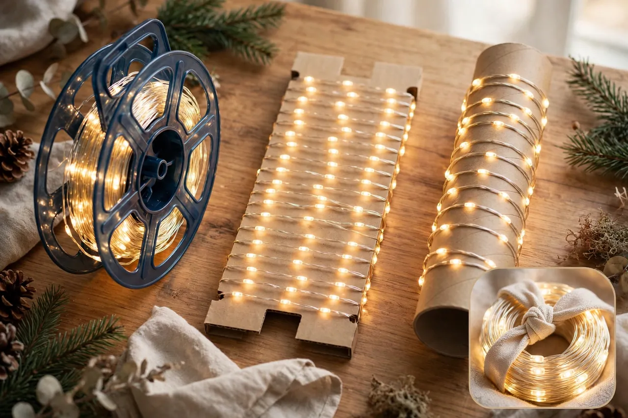 Christmas lights stored on a plastic reel, a flat cardboard winder, and a cardboard tube winder side by side