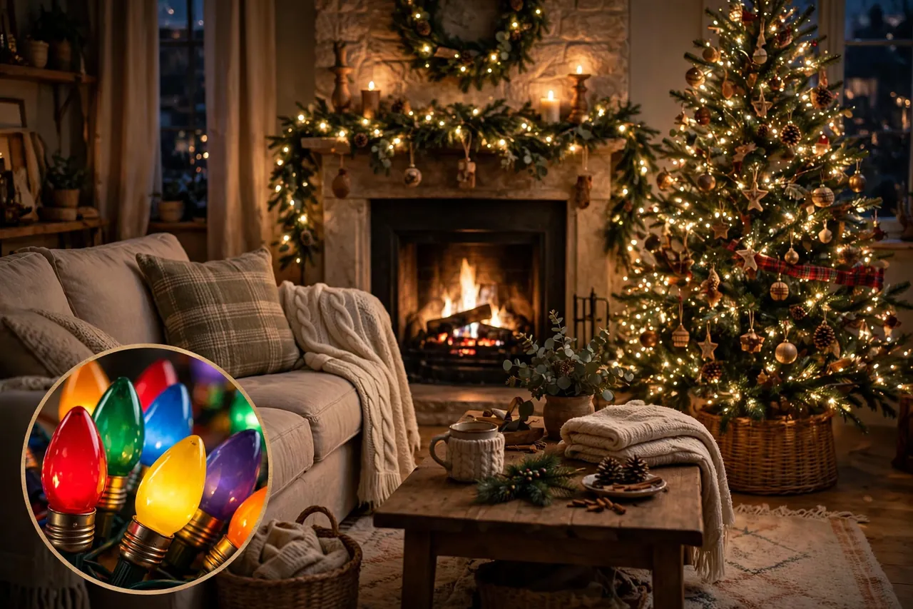Cozy living room with a fireplace and Christmas tree glowing in warm white fairy lights, with a close-up inset of colorful multicolor Christmas bulbs
