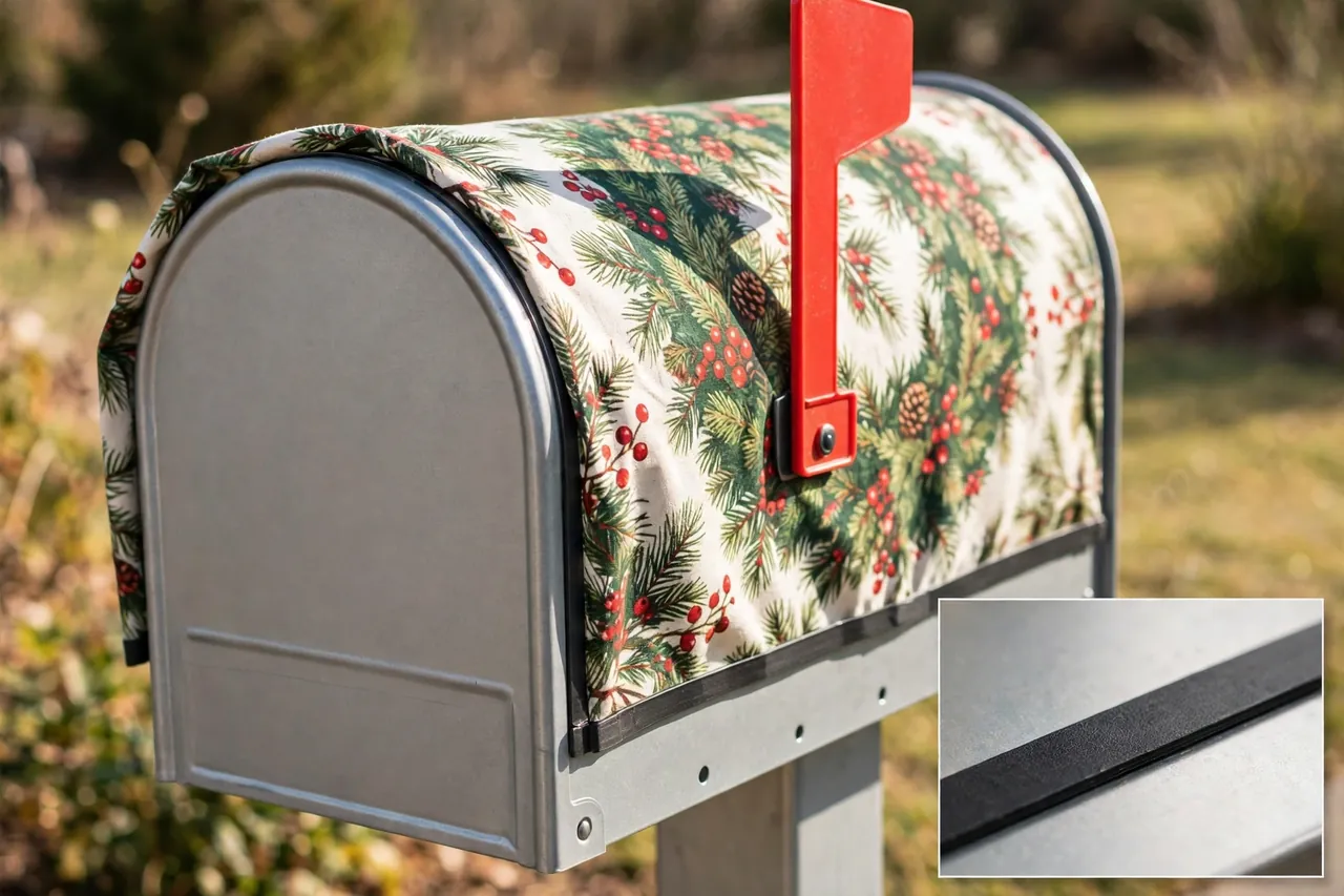 Steel mailbox fitted with a pine-and-berry Christmas cover, red flag raised and free, with a close-up inset of the magnetic strip pressed flat on the metal