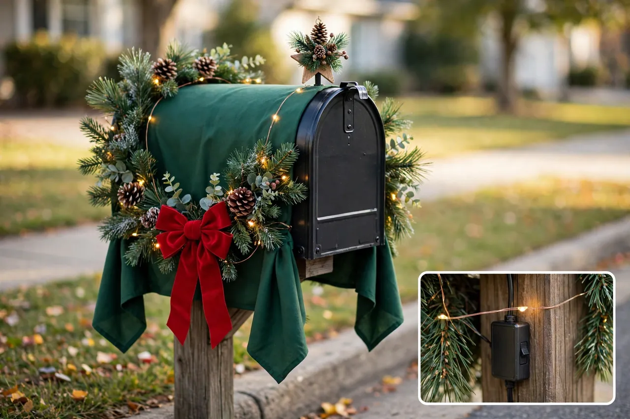 Christmas mailbox combining a green cover, pine garland, red bow, warm fairy lights and a star topper, with a close-up inset of the battery box tucked behind the post