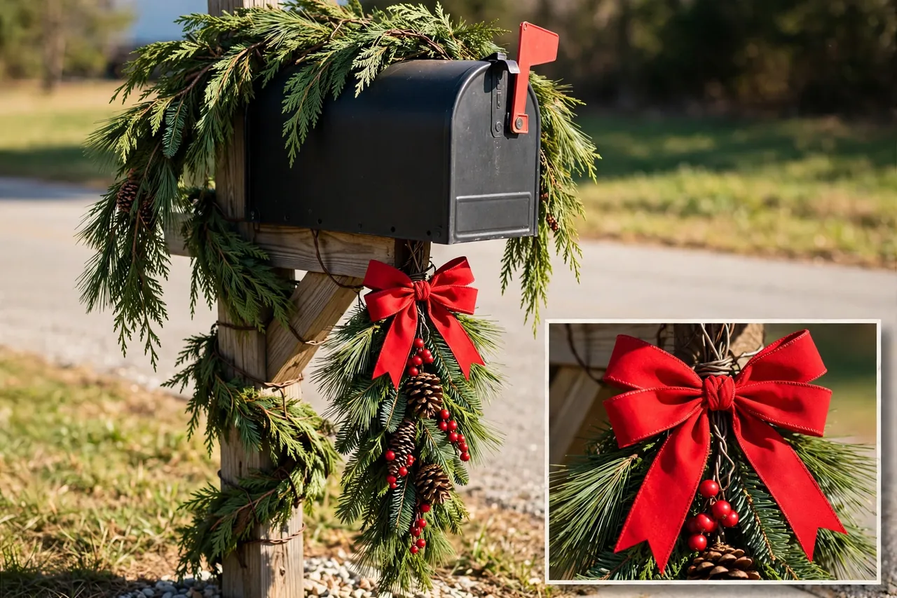Black mailbox with pine and cedar garland over the top, a pinecone and berry swag wired to the post with a large red bow, and a close-up inset of the bow and berries